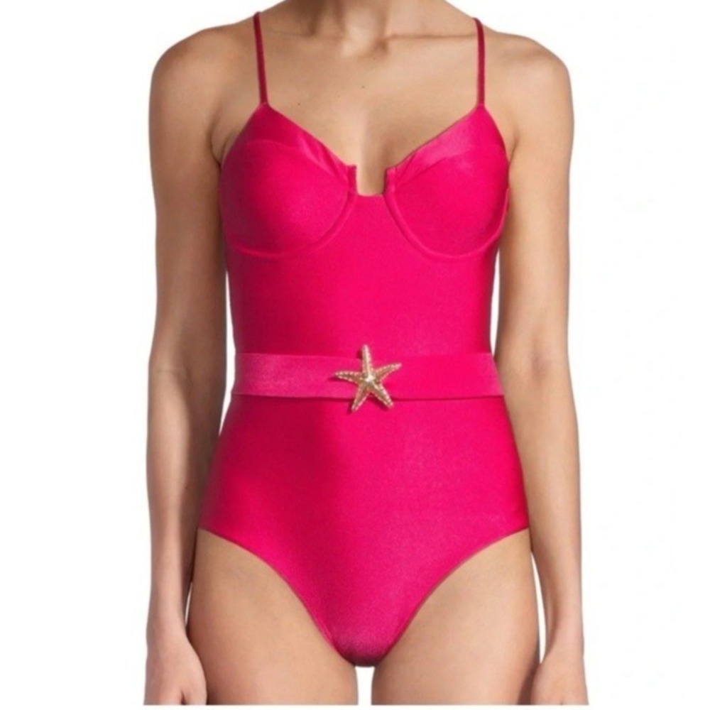 PatBO Size Large Gold Starfish Belted One Piece Swimsuit Hot Pink Sheen **READ**